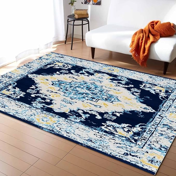 Bohemian Pattern Rectangular Area Rugs for Living Room Bedroom 4 x 6 ft Blue & Yellow Abstract Non-Shedding Soft Low Pile Rug Non Slip Washable Rug for Nursery Entryway Playroom