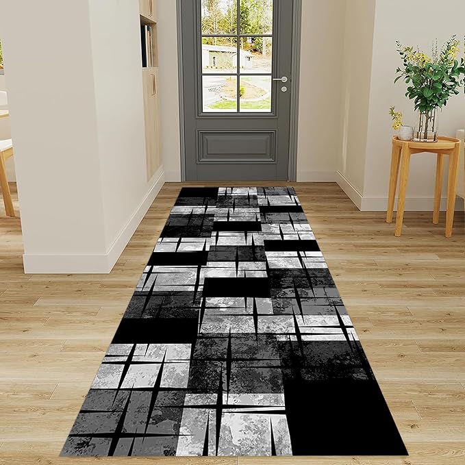 Distressed Checkered Runner Rugs, 2x10ft, Washable Runner Rug with Rubber Backing, Soft Vintage Geometric Black Grey Floor Carpet for Front Door Home Office