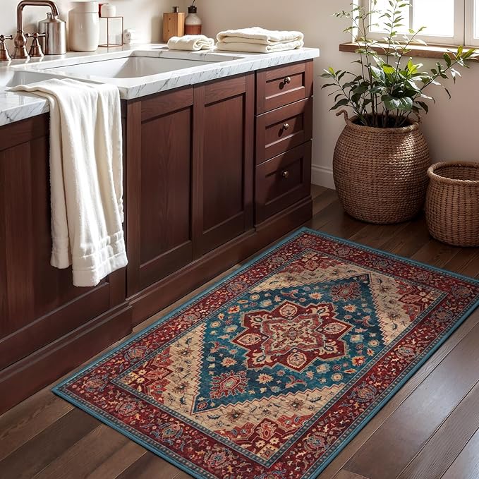 Tangsoo Vintage Small 2x3 Washable Rugs for Entryway Non-Slip Oriental Low Pile Rug for Front Door, Kitchen, Indoor, Accent Throw Small Area Rug, Door Mat for Entrance, Soft Boho Red Rug