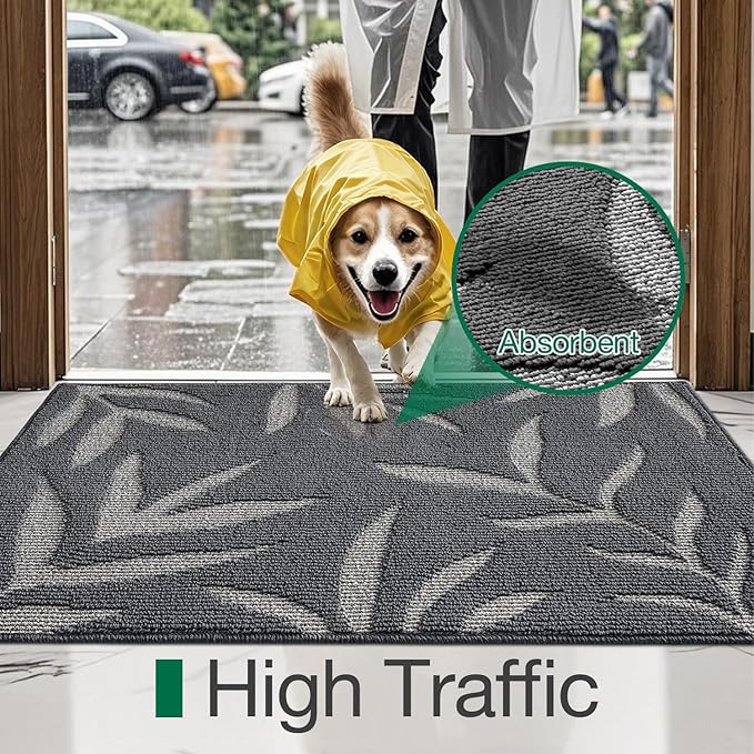 LUMI Indoor Door Mat 24x36, Washable Front Doormat with Welcome Leaf Pattern, Non-Slip Rubber Back Absorbent Mats for Entrance, Patio, Garage, Dark Grey