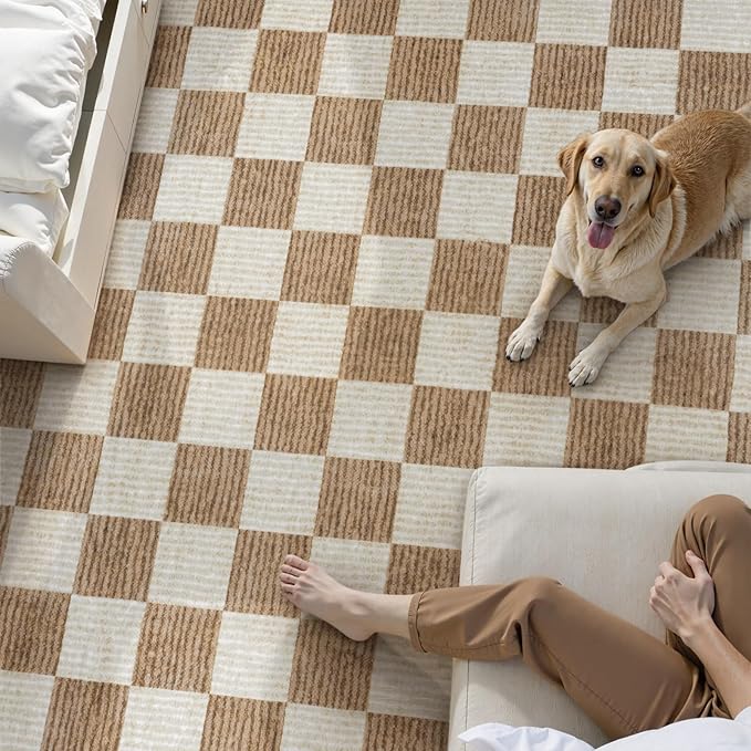 LIVEBOX 9x12 Area Rugs for Living Room, Checkered Non-Slip Washable Rugs, Farmhouse Neutral Classic Geometric Large Boys Area Rug for Bedroom, Carpet for Living Dining Room Office(Brown,9'x12')