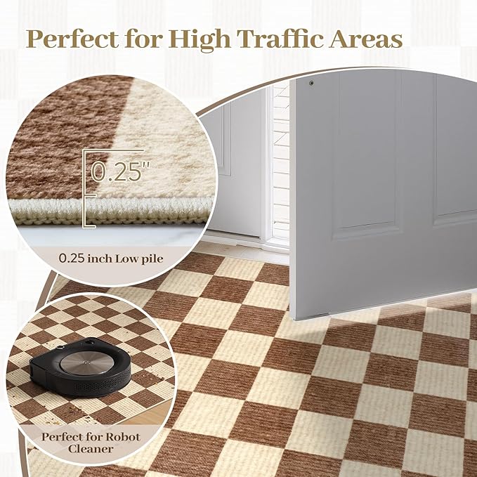 Machine Washable 5x7 Area Rugs for Living Room Checkered, Non Slip Soft Low Pile Farmhouse Geometric Modern Neutral Playroom Boys Rugs for Bedroom, Large Carpet Rugs for Dining Room(Dark Brown,5'x7')