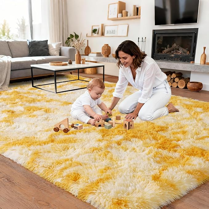 Extra Large Plush Rug High Pile Fluffy Rug for Living Room, Big Plush Non-Skid Shag Carpet, Soft Shaggy Rugs for Bedroom Indoor Modern Home Decor Tie Dye Yellow 9x12ft