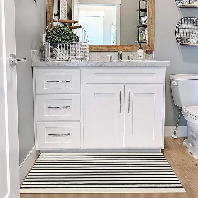 KOZYFLY Black and Beige Striped Porch Rug 2x4.3 Ft Washable Outdoor Rug Farmhouse Outdoor Doormats Front Door Striped Runner Rug for Front Door Kitchen Hallway Bedroom Laundry Room