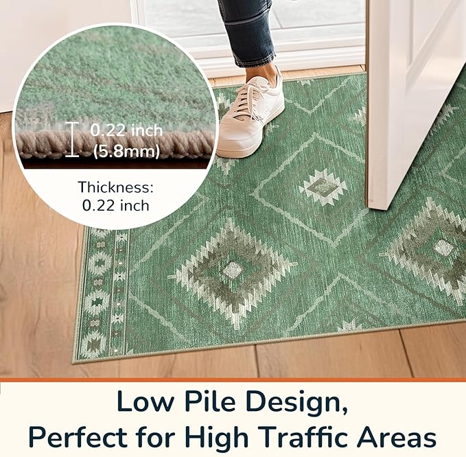Area Rug 5x7 Rug Machine Washable Rug Non-Slip Low Pile Print Pattern Western Rug for Living Room Bedroom Entryway Tribal Series -Sage