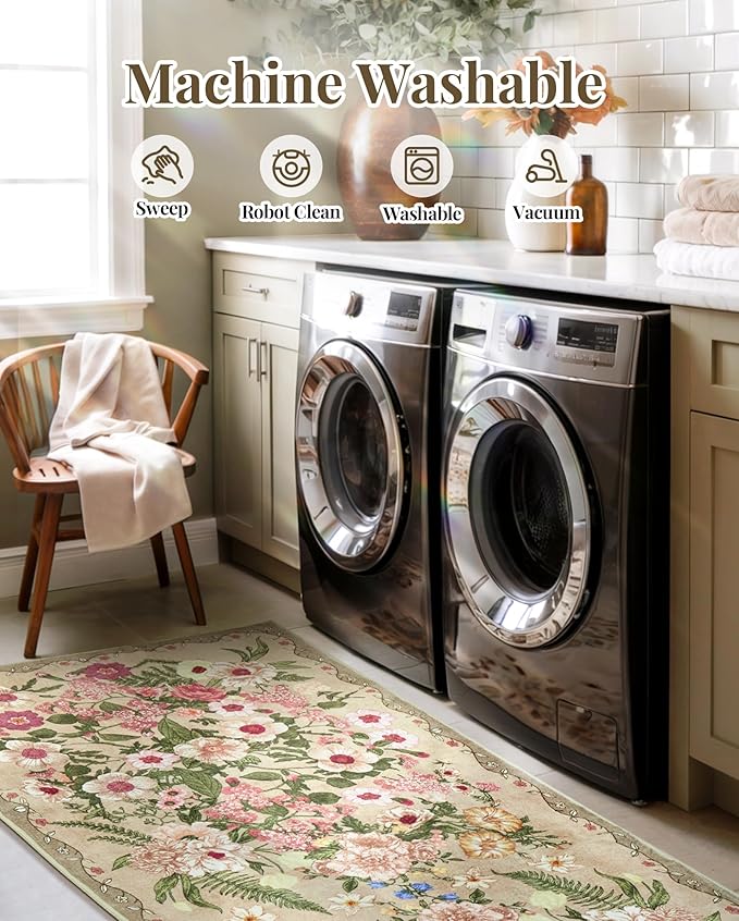 Floral Rug for Living Room - 4x6 Washable Area Rugs Non-Slip Soft Low-Pile Stain Resistant Carpet Flower Vintage Indoor Rug for Bedroom Dining Room Office Nursery Room, Brown