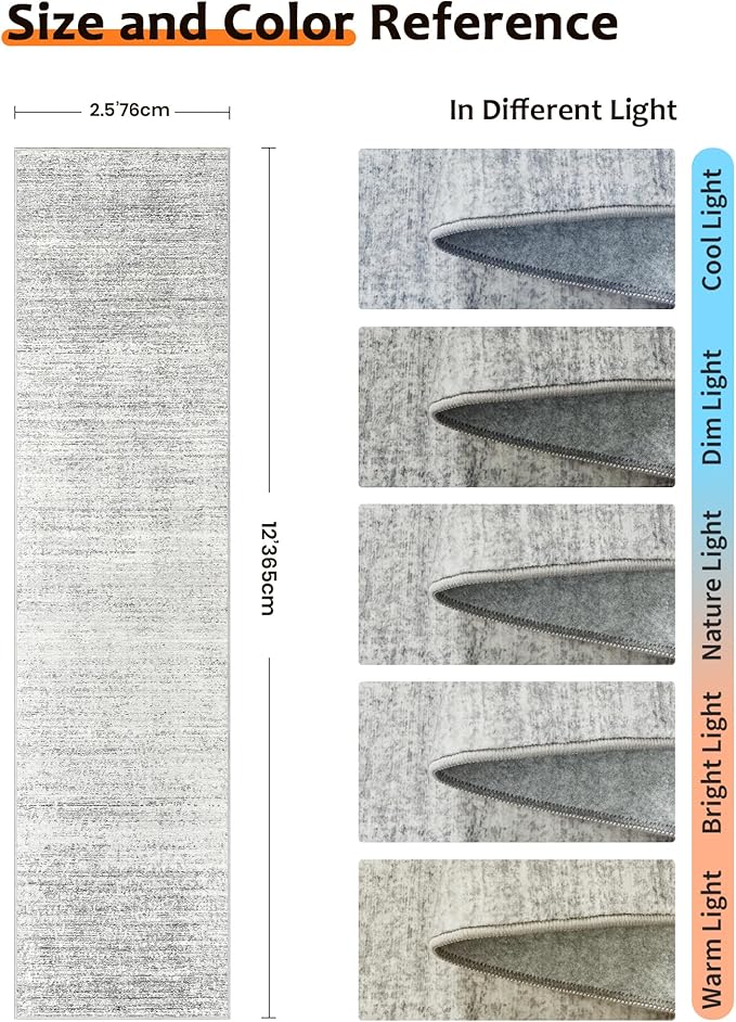 Art&Tuft Non-Slip Runner Rug - 2.5x12 Runner Rug Washable Low-Pile Rugs Runners, Soft Distressed Carpet Runner for Bedroom Bathroom Kitchen Laundry Living Room, Grey