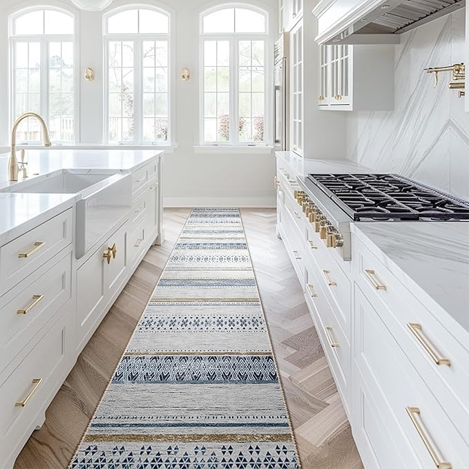 BESTSWEETIE 2x10 Area Rugs for Living Room Washable Moroccan Farmhouse Neutral Geometric Low Pile Non-Slip Soft Print Pattern Rug for Bedroom Kitchen Dining Room Entryway Blue/Brown