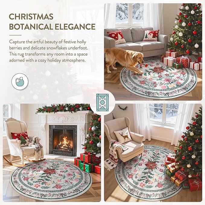 Wonnitar Christmas Decorations for Bedroom, Round Christmas Rug for Entryway Indoor, 4ft Washable Circle Rug Holiday Decor Non Slip Small Round Carpet for Living Room Kids Room Bathroom Xmas Tree