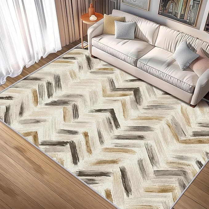 Washable 5x8 Chevron Rug Living Room, Modern Abstract Art Design Area Rugs for Bedroom, Chevron Home Decor Carpet, Low Pile, Non Slip, Kids & Pet Friendly (N4195)