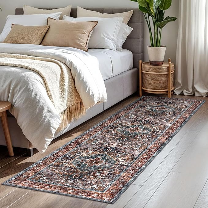 KOZYFLY Runners for Hallways 2x7 Ft Washable Kitchen Runner Rug Boho Runner Rug for Entryway Indoor Printed Oriental Faux Wool Floor Carpet Runner for Bedroom Kitchen Hall, Brick Red/Orange/Green