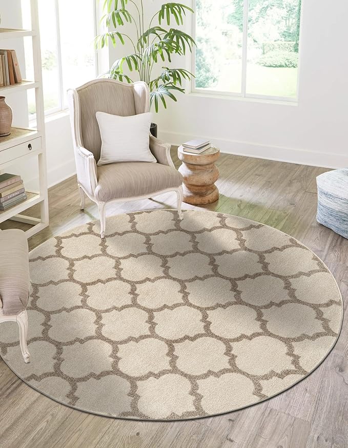 Rugs.com Lattice Collection Rug – 12 Ft Round Beige and Light Brown Medium-Pile Rug Perfect for Kitchens, Dining Rooms