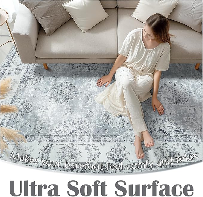 jinchan Fiora Washable Area Rug 3x5 Entryway Rug - Distressed Vintage Floral Ultra-Thin Low-Pile Soft Non-Shedding Indoor Floor Carpet for Kitchen Bedroom Entrance Laundry Living Room(3x5ft, Grey)