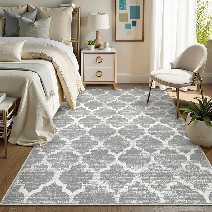 Lahome Moroccan Machine Washable Rug - 5x7 Area Rugs for Living Room Non-Slip Grey 5x7 Bedroom Rugs Throw Large Modern Trellis Carpet for Entryway Office Kitchen Dining Room Rug Decor (5'x7', Gray)