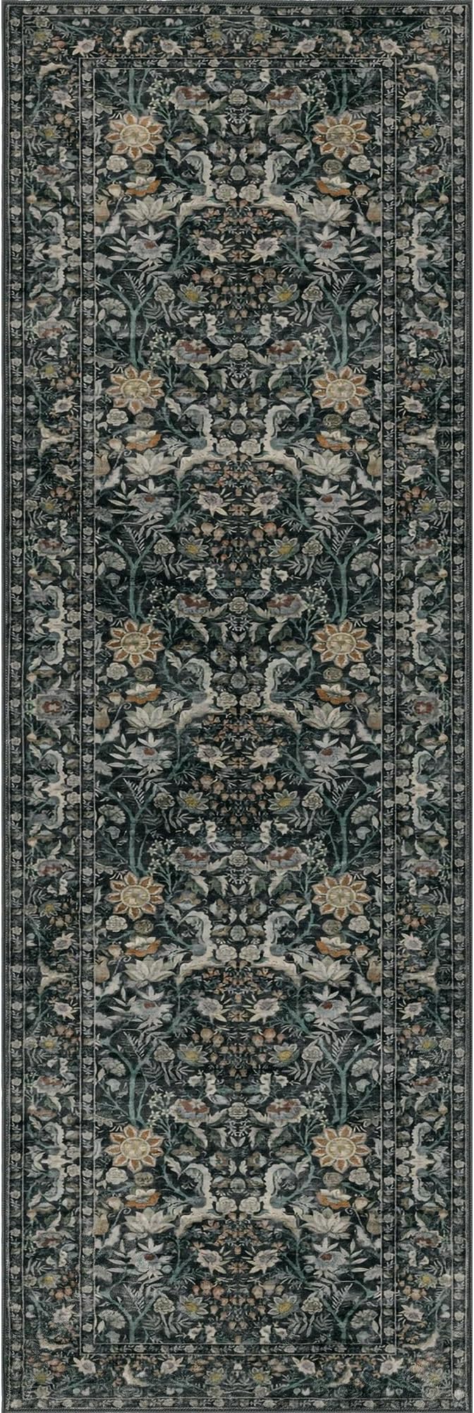 Washable Runner Rug 2x6: Vintage Boho Floral Carpet Runners for Hallway Entryway Non-Slip - Soft Botanical Low Pile Thin Mat for Kitchen Bathroom Bedroom Laundry Floor Decor - Dark Green