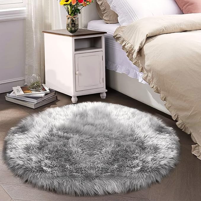 Latepis Grey Round Rugs 6ft Faux Fur Sheepskin Circle Rug for Living Room Fluffy Washable Rug for Bedroom Teen Room Dorm Cute Room Décor