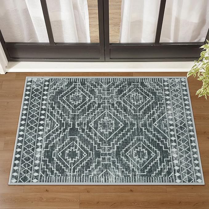 Wonnitar Moroccan Bathroom Rug,Washable 2x3 Small Bath Mat, Boho Tribal Soft Kitchen Sink Mat, Non-Slip Geometric Entry Way Rug, Low-Pile Indoor Carpet for Bedside Entrance Laundry (Dark Grey,2'x3')