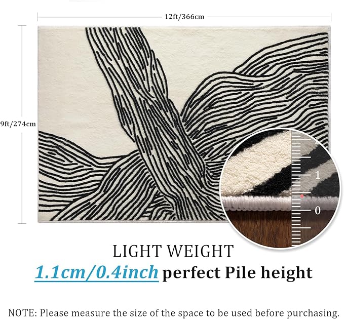 YIHOUSE 9×12 Ft Washable Rug, Black and White Abstract Area Rug for Bedroom, Living Room, Dining Room, Office, Playroom, Nursery, Ultra Thin Nonslip Modern Large Rugs Soft Contemporary Striped Rugs