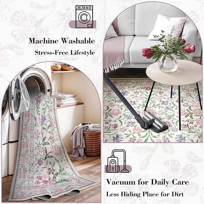 Wonnitar Floral Purple Rug for Bedroom, Washable 5x7 Area Rugs for Dorm, Boho Soft Non Slip Ultra-Thin Indoor Floor Carpet for Kids Room Nursery Living Room Classroom, Light Purple/Pink