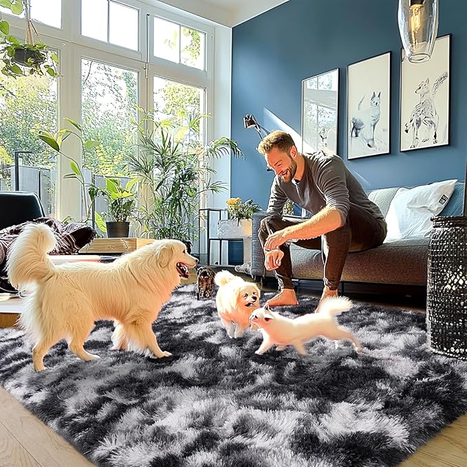 Fluffy Rug for Living Room Shaggy Area Rug High Pile Fuzzy Rug Non-Slip Indoor Floor Carpet Plush Area Rugs for Living Room Tie Dye Black White 6x9