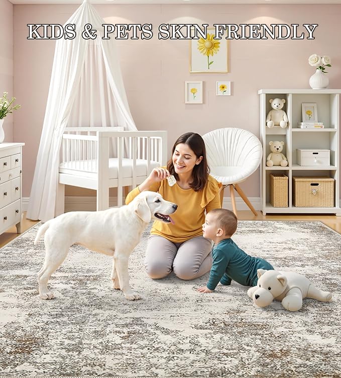 7x9 Washable Area Rugs - Modern Abstract Rugs for Living Room Non-Slip Low Pile Soft Machine Washable Carpet for Bedroom, Dining Room, Nursery, Home Office, Farmhouse (7'x9' Brown Grey)