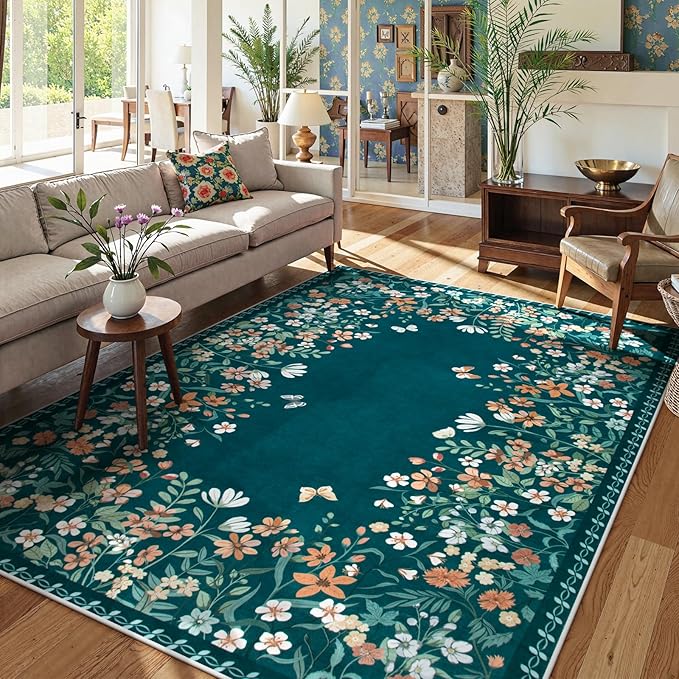 Wonnitar Washable 8x10 Area Rug, Non-Slip Teal Green Floral Rugs for Living Room, Low Pile Soft Bedroom Rug, Stain Resistant Floor Carpet for Dining Room(Teal Green,8'x10')