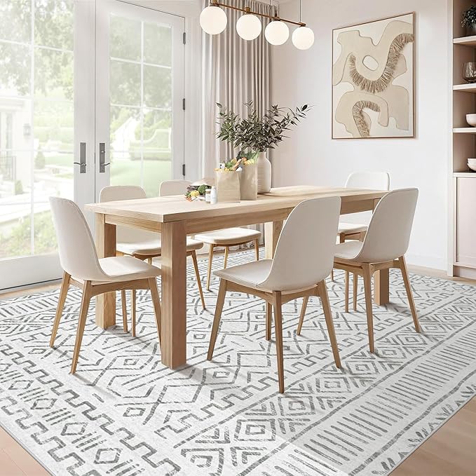 5x7 Area Rug Living Room: Washable Boho Geometric Moroccan Rug Neutral Modern Farmhouse Indoor Soft Non Slip Ultra Thin Printed Pattern Carpet for Dining Room Bedroom Nursery Home (BeigeGray, 5'x7')