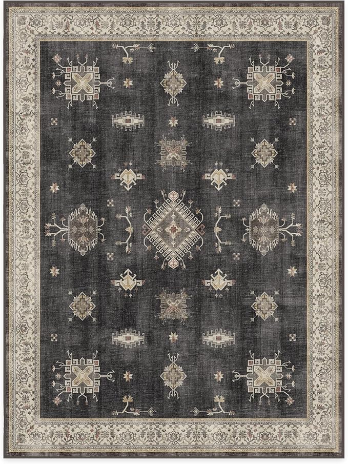 RUGGABLE Washable Vintage Area Rug – Verena Dark Wood 9x12, Stain-Resistant, Non-Slip – Large Machine Washable Rugs for Living Room, Bedroom, Hallway, Entryway & Office–with Standard Pad