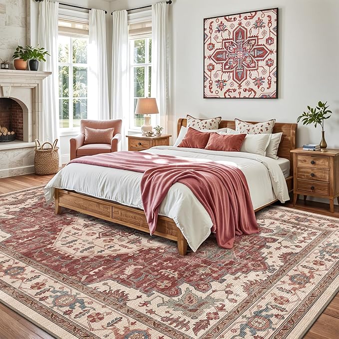 LUMI 4x6 Washable Area Rug for Living Room, Ultra Soft Traditional Vintage Red Rugs Non Slip with Rubber Backing, Low Profile, High Traffic, Stain Resistant Carpets, Ideal for Bedroom, Dining Room
