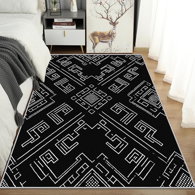 Geometric Rug, Washable 4x6 Rug for Living Room, Black and White Patterned Indoor Carpet, Modern Geometric Decor for Home, Bedroom, Soft Non Slip Thin Design FER16