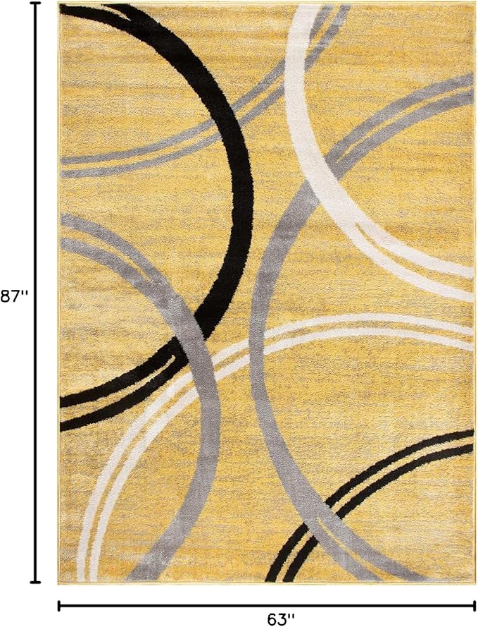 Rugshop Wavy Circles Design Area Rug, Carpet with Jute Backing for Living Room, Bedroom, or Dining Room, Yellow, 5'3" x 7'3"