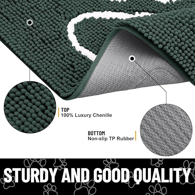 Smiry Dog Door Mat for Muddy Paws, Absorbent Dirt Trapper Non Slip Quick Dry Washable Chenille Mat for Mud Dogs, Entry Rug for Indoor and Outdoor (59x24 Inches, Green and White)