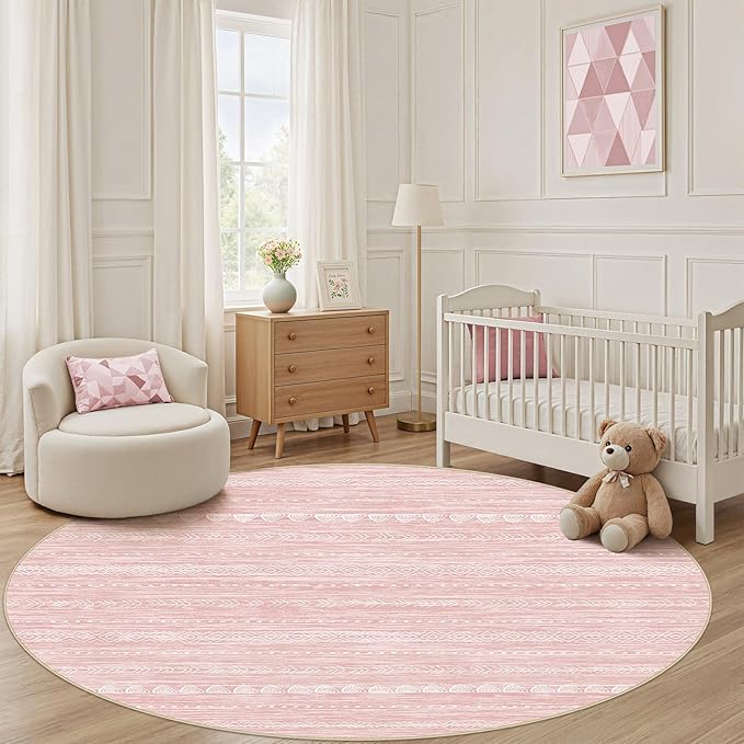 Nakagishi Round Rug Kitchen Washable Rugs: 6x6 Non-Slip Boho Soft Modern Stain Resistant Indoor Floor Neutral Farmhouse Throw Carpet for Hallway Bathroom Laundry Room Entryway Bedroom- Pink