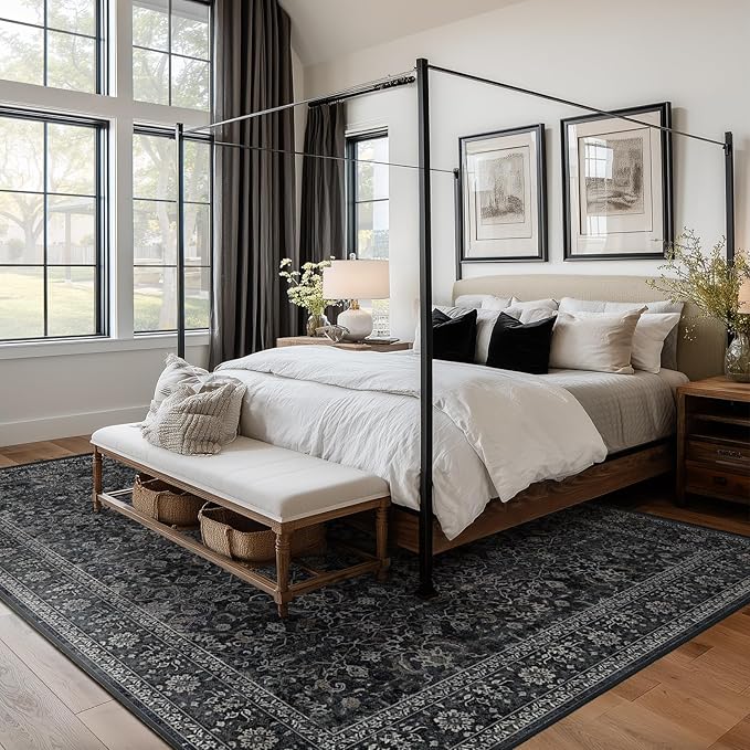 Vintage Charcoal 8x10 Area Rugs for Living Room, Retro Dark Earth Tone Carpet Rug for Bedroom Dining Room, Low Pile Thin Washable Non Slip Room Rug for Home Office Family Room
