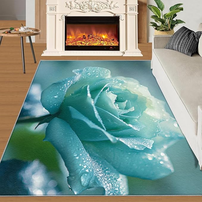 6x9 Blue-Rose Living Room Rug - Realistic Florals Bedroom Carpet, Flowers Classroom Rug for Carpet Boy Bedroom Office Nursery Hardwood Home Decor