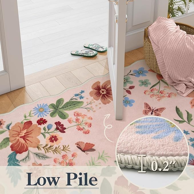 Lahome Floral Pink Rugs for Entryway, 2X3 Washable Kitchen Rug Non Slip, Ultra-Thin Indoor Door Mat Stain Resistant Boho Small Carpet for Bathroom Bedroom(2x3ft,Light Pink)