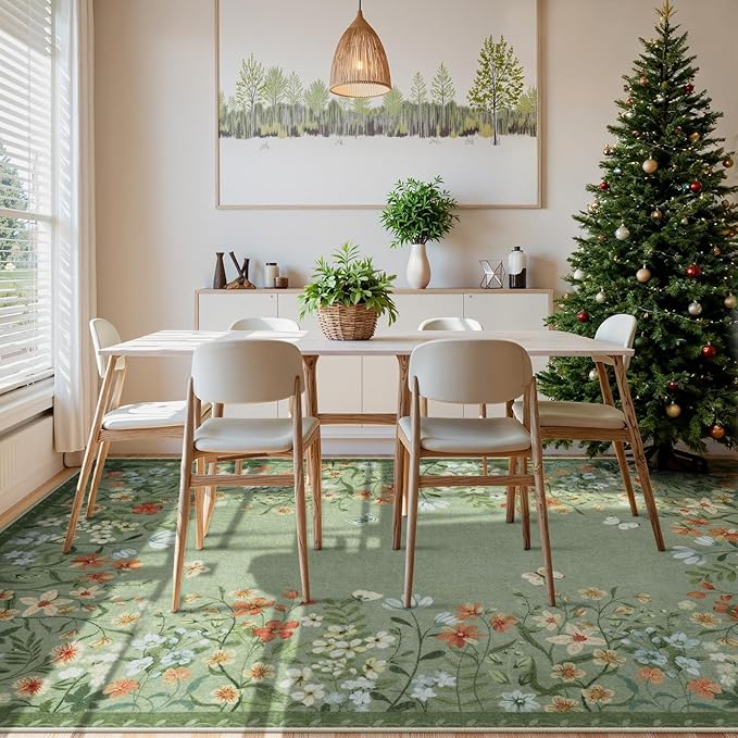 Wonnitar Washable 8x10 Living Room Area Rug, Large Green Floral Rugs for Bedroom, Non-Slip Soft Botanical Area Rug Throw Carpet for Dining Guest Room Playroom (Green,8'x10')