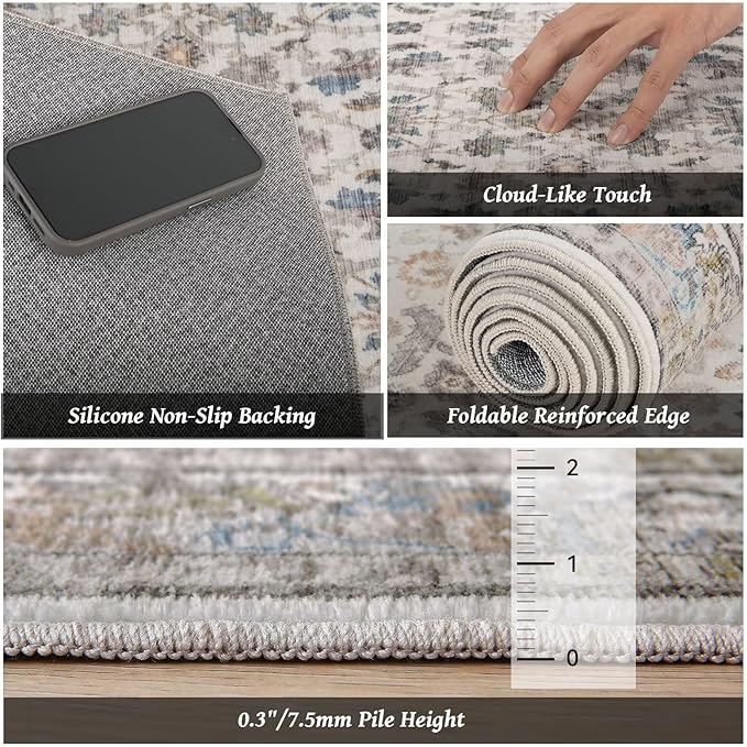 Washable 8x10 Area Rugs for Living Room, Boho Non-Slip Vintage Distress Large Rugs for Bedroom Dining Room Nursery Office, 0.3" Neutral Oriental Throw Thin Carpet, Cream/Blue/Orange/Multi