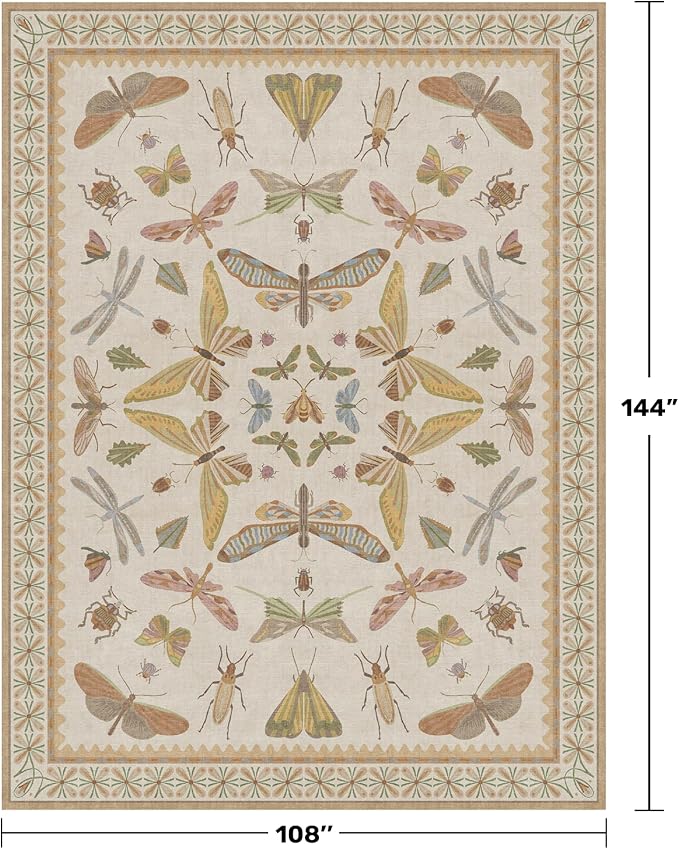 Beige Dining Table Rug - 6x9 Area Rugs for Bedroom, Living Room, Cute Kids Room, Large Fun Insect Butterfly Vintage Non-Slip Décor, Low Pile Stain Resistant