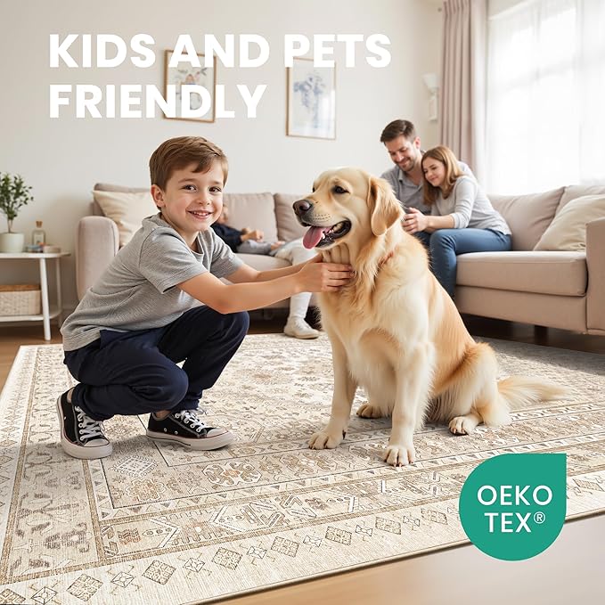 zesthome 5x8 Area Rugs - Ultra-Thin Washble Rug, Stain Resistant Anti Slip Backing Rugs for Living Room,Bedroom, Vintage Home Decor Area Rug(Cream/Beige,5'x8')