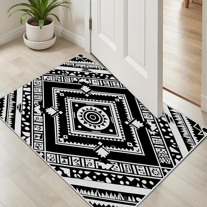 Area Rugs for Living Room 6x8, Moroccan Washable Low Pile Rug, Boho Neutral Farmhouse Ultra Soft Carpet for Bedroom Dining Room Home Decor, Geometric Print Tribal Carpets Black and White