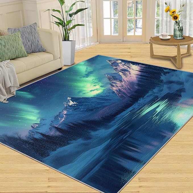 3x4 Snowy Mountains Rugs for Entryway - Aurora Borealis Kids Bedroom Rug, Polar Landscape Mudroom Rug Soft for Coffee Shop Living Room Under Table Game Room