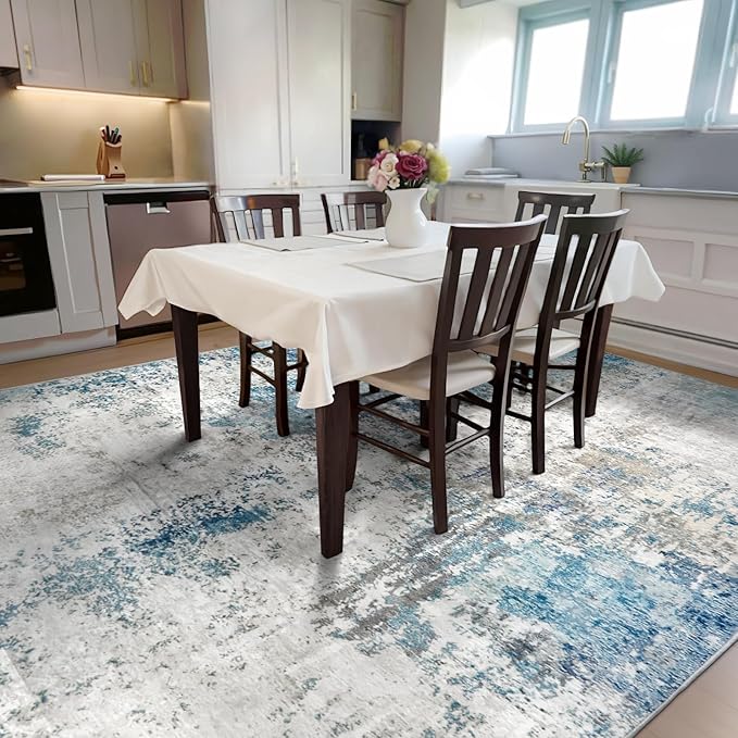 Washable Area Rugs for Living Room 9x12 - Large Neutral Modern Abstract Rug, Soft Low Pile Carpet with Non Slip Backing for Under Dining Room Table, Bedroom, Home, Office, Dorm - Blue Gray