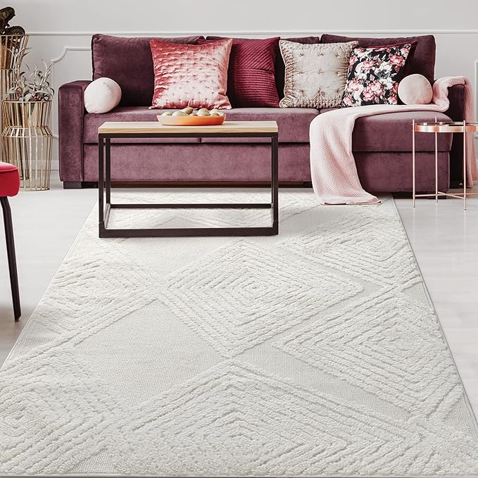 Antep Rugs Palafito 6x9 Geometric Shag Diamond High-Low Pile Textured Indoor Area Rug (White, 6'7" x 9')