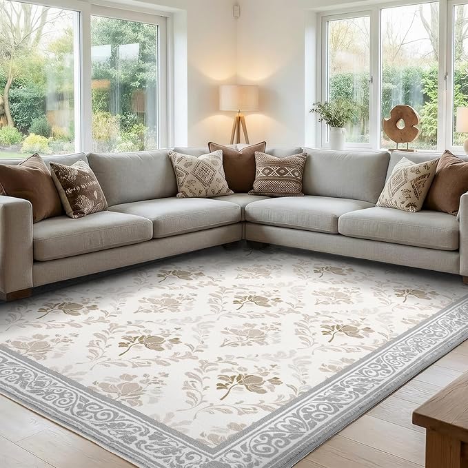 SOULFUL Medium Pile 3x5 Area Rug - Soft Underfoot Small Entryway Rug - Light Taupe Boho Floral - Washable Non-Slip - Perfect for Living Room Bedroom Foot Kids Room Reading Nook