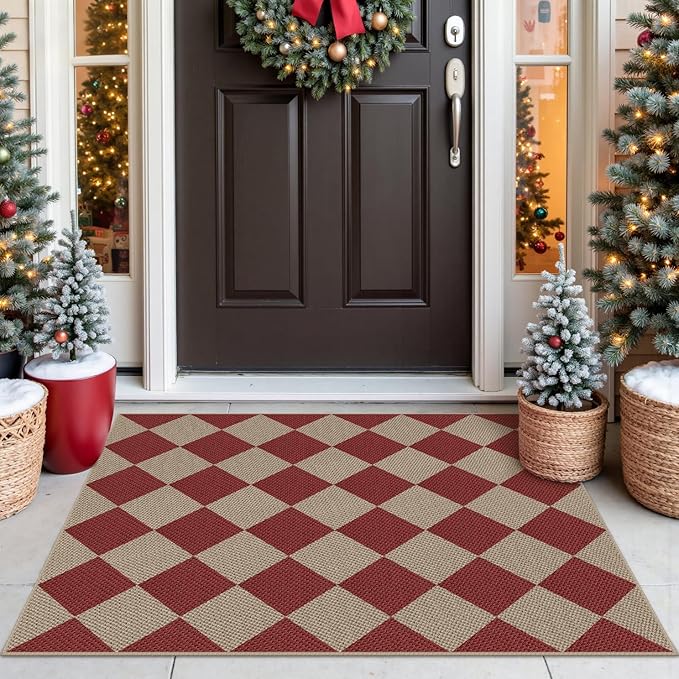 Easy Jute Checkered Christmas Rug, 2x3 Modern Red Xmas Indoor Outdoor Doormat, Washable Non-Slip Neutral Small Kitchen Rug Farmhouse Diamond Throw Rugs for Entrance Bedroom Bathroom