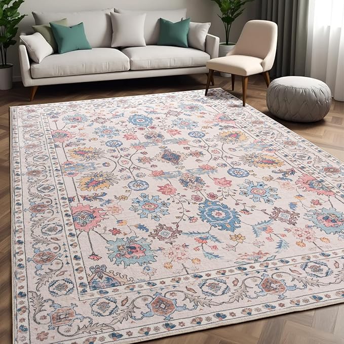 Area Rug for Living Room, 9x12 Washable Non Slip Large Faux Wool Throw Rug, 0.3″ Low Pile & Non-Shedding Boho Large Carpet Rugs for for Dining Room, Bedroom, Office (Beige)