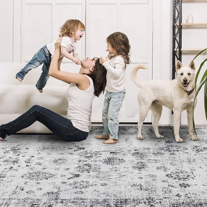 4x6 Washable Area Rug for Living Room, Carpet for Bedroom, Soft Faux Wool Retro Dining Room Rug, Non Slip&Non-Shedding Resistant Low Pile Vintage Print Rug for Home Office (White/Grey)