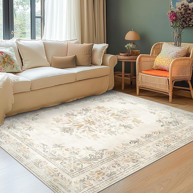 jinchan Vintage Floral 5x7 Area Rugs - Machine Washable Distressed Design Soft Ultra-Thin Low-Pile Non-Slip Carpet for Kitchen Bedroom Nursery Living Room Dining Room Home Office (5x7ft, Light Grey)