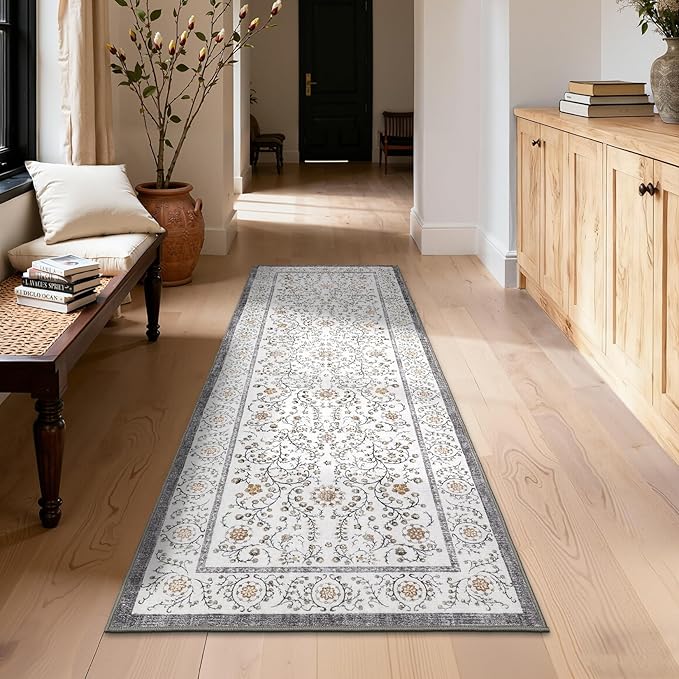 GarveeHome Boho 2x6 Runner Rug for Hallways Non Slip, Vintage Botanical Kitchen Rugs Washable Area Rug for Entryway Stain Resistant, Low Pile Soft Runner Grey Carpet for Bedroom Floor Laundry Room